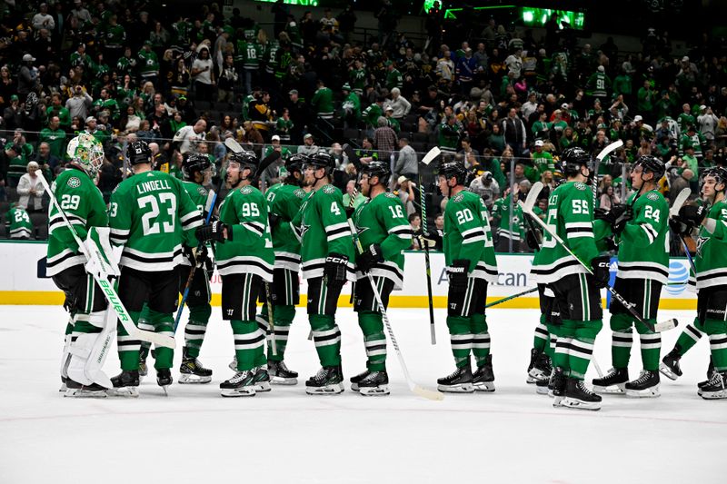 Mar 22, 2024; Dallas, Texas, USA; The Dallas Stars celebrate on the ice after defeating the Pittsburgh Penguins at the American Airlines Center. Mandatory Credit: Jerome Miron-USA TODAY Sports