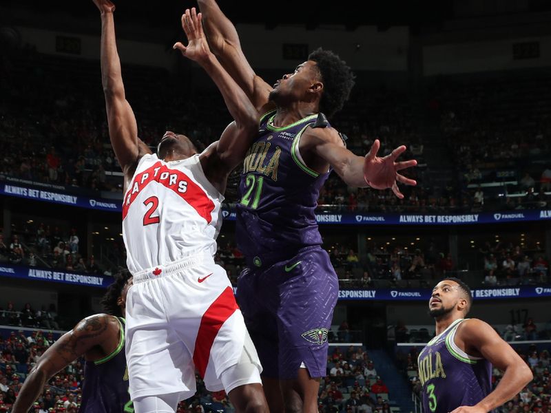 NEW ORLEANS, LA - NOVEMBER 27: Jonathan Mogbo #2 of the Toronto Raptors shoots the ball during the game against the New Orleans Pelicans  during a regular season game on November 27, 2024 at the Smoothie King Center in New Orleans, Louisiana. NOTE TO USER: User expressly acknowledges and agrees that, by downloading and or using this Photograph, user is consenting to the terms and conditions of the Getty Images License Agreement. Mandatory Copyright Notice: Copyright 2024 NBAE (Photo by Layne Murdoch Jr./NBAE via Getty Images)