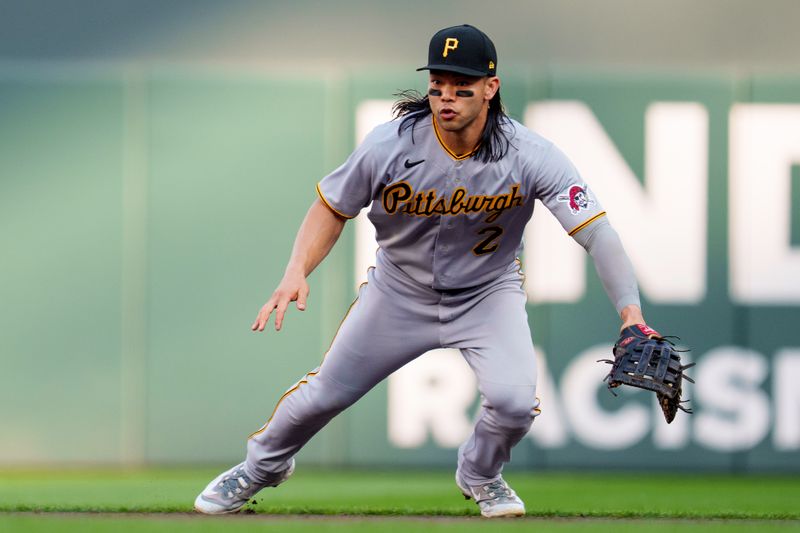 Aug 19, 2023; Minneapolis, Minnesota, USA; Pittsburgh Pirates right fielder Connor Joe (2) reacts to a hit ball against the Minnesota Twins in the first inning at Target Field. Mandatory Credit: Matt Blewett-USA TODAY Sports