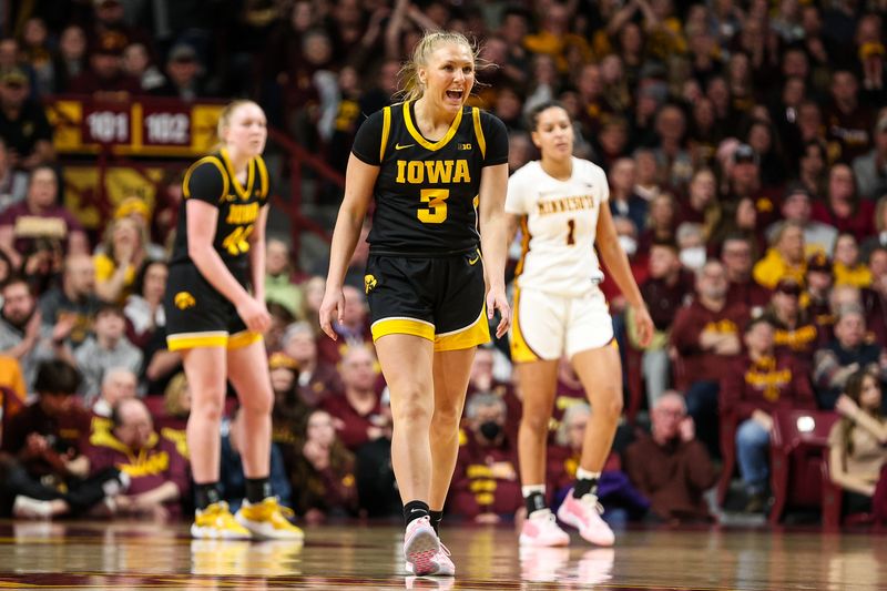 Feb 28, 2024; Minneapolis, Minnesota, USA; Iowa Hawkeyes guard Sydney Affolter (3) celebrates during the second half against the Minnesota Golden Gophers at Williams Arena. Mandatory Credit: Matt Krohn-USA TODAY Sports