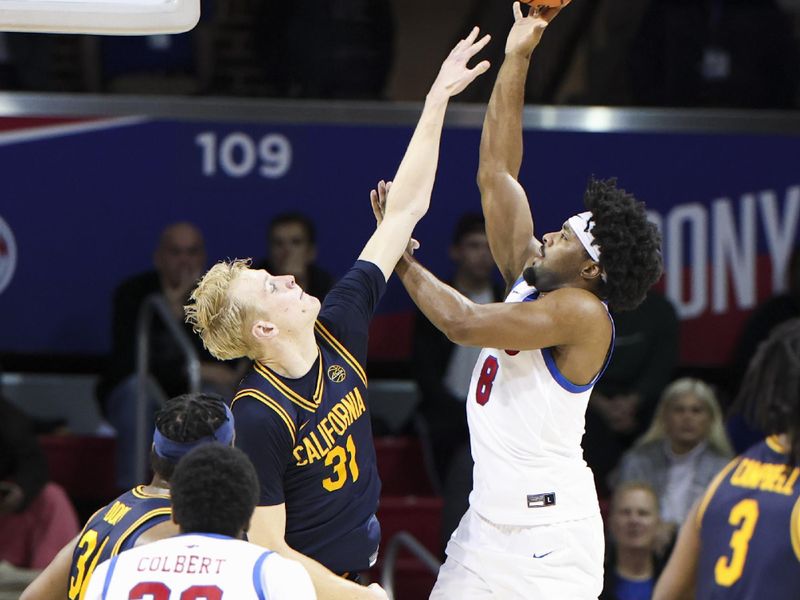 Jan 29, 2025; Dallas, Texas, USA;  Southern Methodist Mustangs guard Kario Oquendo (8) shoots over California Golden Bears forward Rytis Petraitis (31) during the second half at Moody Coliseum. Mandatory Credit: Kevin Jairaj-Imagn Images