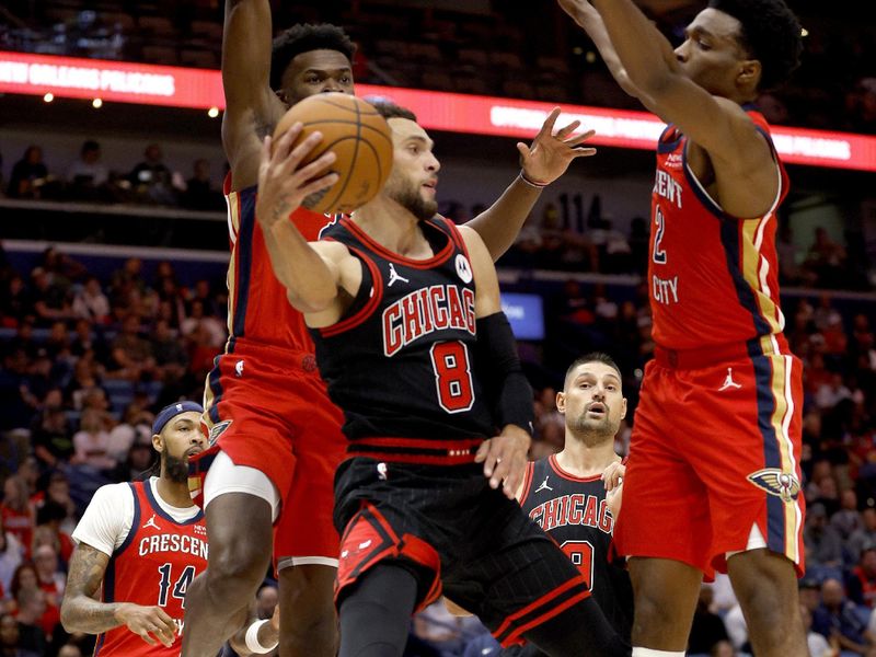 NEW ORLEANS, LOUISIANA - OCTOBER 23 : Zach LaVine #8 of the Chicago Bulls looks to pass around Herbert Jones #2 of the New Orleans Pelicans during the first quarter of an NBA game at Smoothie King Center on October 23, 2024 in New Orleans, Louisiana. NOTE TO USER: User expressly acknowledges and agrees that, by downloading and or using this photograph, User is consenting to the terms and conditions of the Getty Images License Agreement. (Photo by Sean Gardner/Getty Images)