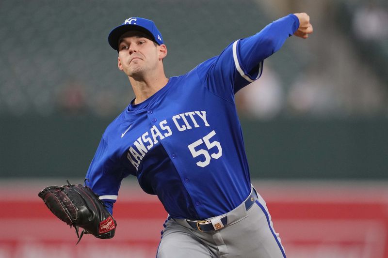 Apr 3, 2024; Baltimore, Maryland, USA; Kansas City Royals pitcher Cole Ragans (55) delivers in the second inning against the Baltimore Orioles at Oriole Park at Camden Yards. Mandatory Credit: Mitch Stringer-USA TODAY Sports