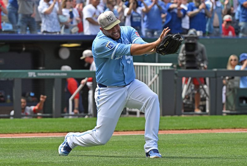 May 18, 2025; Kansas City, Missouri, USA;  Kansas City Royals relief pitcher Carlos Estevez (53) reacts after beating the St. Louis Cardinals at Kauffman Stadium. Mandatory Credit: Peter Aiken-Imagn Images