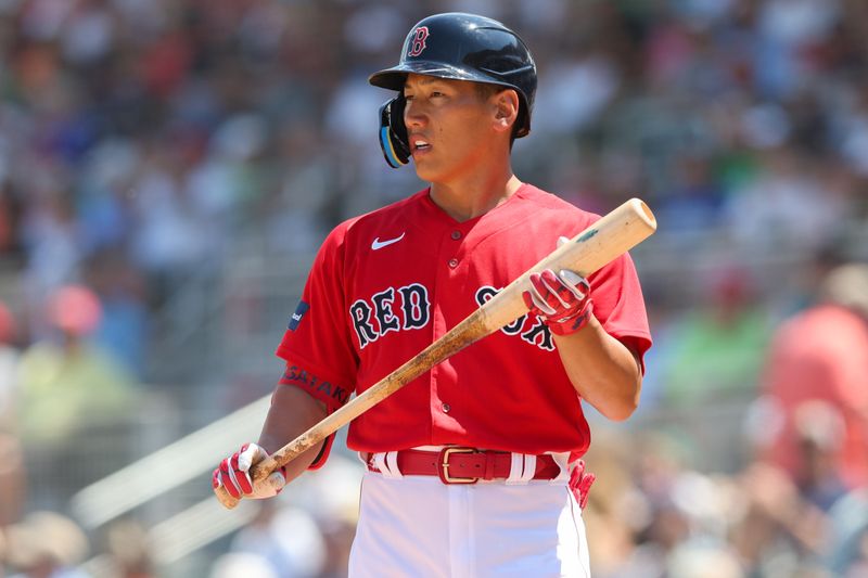 Mar 28, 2023; Fort Myers, Florida, USA;  Boston Red Sox left fielder Masataka Yoshida (7) comes to bat against the Atlanta Braves in the third inning during spring training at JetBlue Park at Fenway South. Mandatory Credit: Nathan Ray Seebeck-USA TODAY Sports