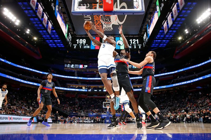 DETROIT, MI - JANUARY 17: Anthony Edwards #5 of the Minnesota Timberwolves shoots the ball during the game against the Detroit Pistons on January 17, 2024 at Little Caesars Arena in Detroit, Michigan. NOTE TO USER: User expressly acknowledges and agrees that, by downloading and/or using this photograph, User is consenting to the terms and conditions of the Getty Images License Agreement. Mandatory Copyright Notice: Copyright 2024 NBAE (Photo by Brian Sevald/NBAE via Getty Images)