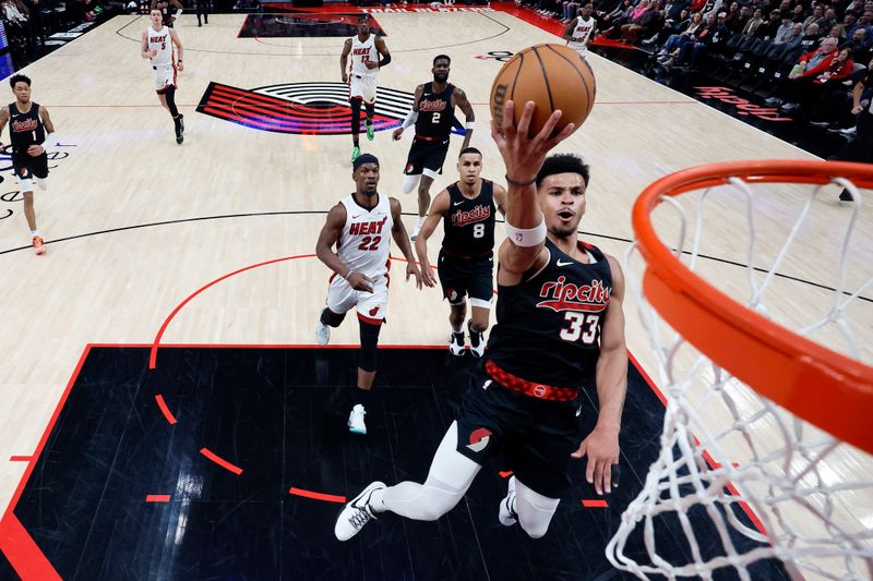 PORTLAND, OREGON - FEBRUARY 27: Toumani Camara #33 of the Portland Trail Blazers shoots the ballduring the first half against the Miami Heat at Moda Center on February 27, 2024 in Portland, Oregon. NOTE TO USER: User expressly acknowledges and agrees that, by downloading and or using this photograph, User is consenting to the terms and conditions of the Getty Images License Agreement. (Photo by Soobum Im/Getty Images)