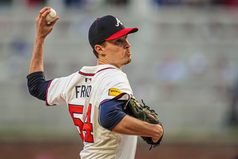 Apr 23, 2024; Cumberland, Georgia, USA; Atlanta Braves pitcher Max Fried (54) pitches against the Miami Marlins during the third inning at Truist Park. Mandatory Credit: Dale Zanine-USA TODAY Sports