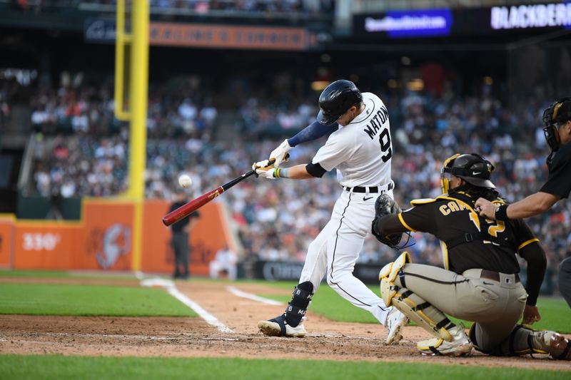 Jul 21, 2023; Detroit, Michigan, USA;  Detroit Tigers second baseman Nick Maton (9) hits a sacrifice fly off San Diego Padres starting pitcher Seth Lugo (67) (not pictured) in the sixth inning at Comerica Park. Mandatory Credit: Lon Horwedel-USA TODAY Sports