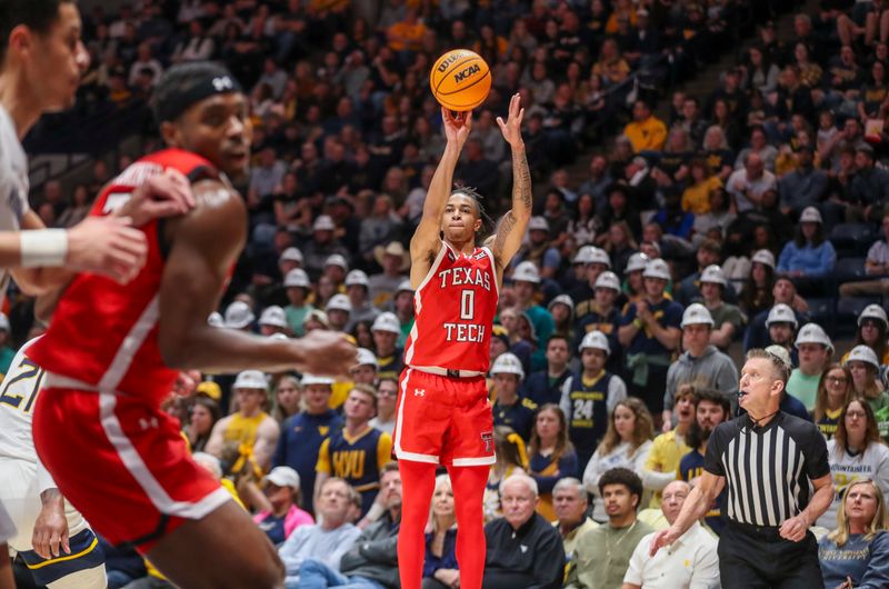 Mar 2, 2024; Morgantown, West Virginia, USA; Texas Tech Red Raiders guard Chance McMillian (0) shoots a three pointer during the first half against the West Virginia Mountaineers at WVU Coliseum. Mandatory Credit: Ben Queen-USA TODAY Sports