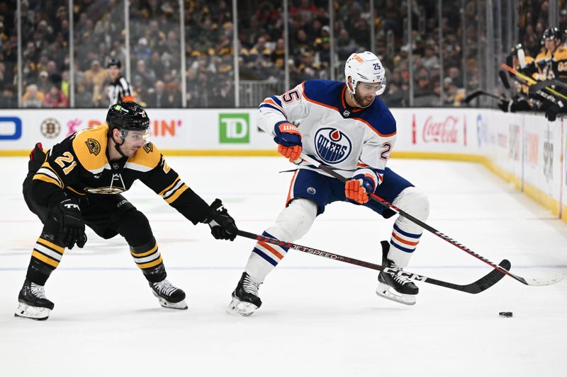 Mar 9, 2023; Boston, Massachusetts, USA; Boston Bruins right wing Garnet Hathaway (21) defends Edmonton Oilers defenseman Darnell Nurse (25) during the second period at the TD Garden. Mandatory Credit: Brian Fluharty-USA TODAY Sports