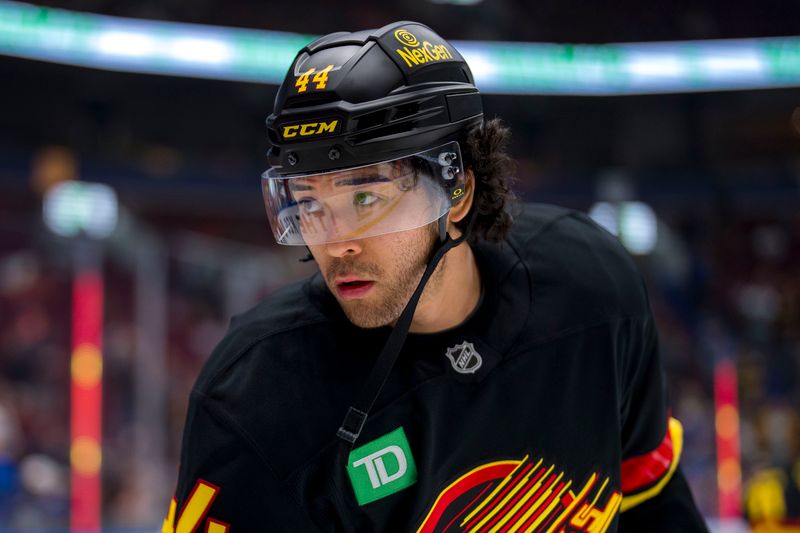 Nov 9, 2024; Vancouver, British Columbia, CAN; Vancouver Canucks forward Kiefer Sherwood (44) handles the puck during warm up prior to a game against the Edmonton Oilers at Rogers Arena. Mandatory Credit: Bob Frid-Imagn Images