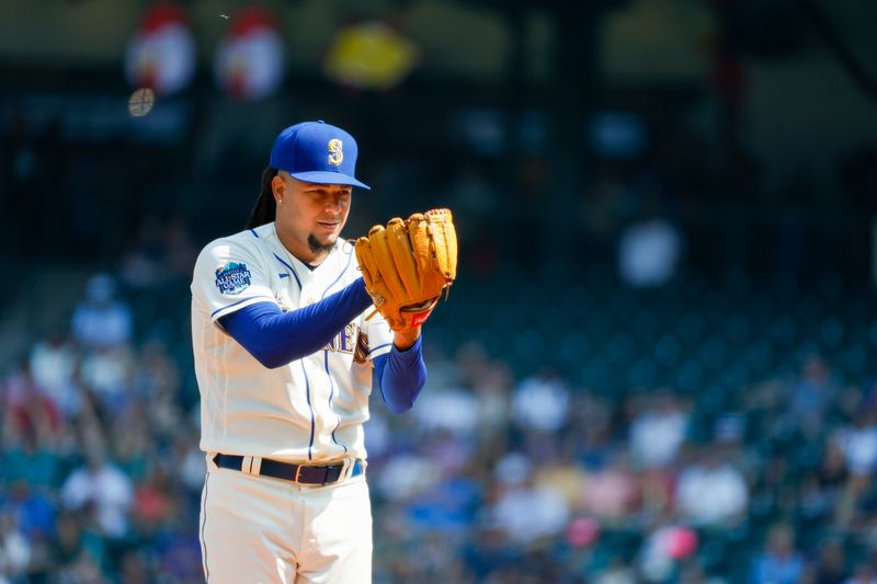 Aug 27, 2023; Seattle, Washington, USA; Seattle Mariners starting pitcher Luis Castillo (58) stands on the mound against the Kansas City Royals during the first inning at T-Mobile Park. Mandatory Credit: Joe Nicholson-USA TODAY Sports