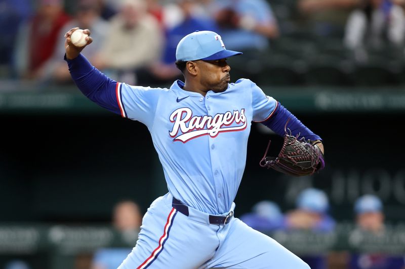 Apr 6, 2025; Arlington, Texas, USA; Texas Rangers pitcher Kumar Rocker (80) throws a pitch during the first inning against the Tampa Bay Rays at Globe Life Field. Mandatory Credit: Tim Heitman-Imagn Images