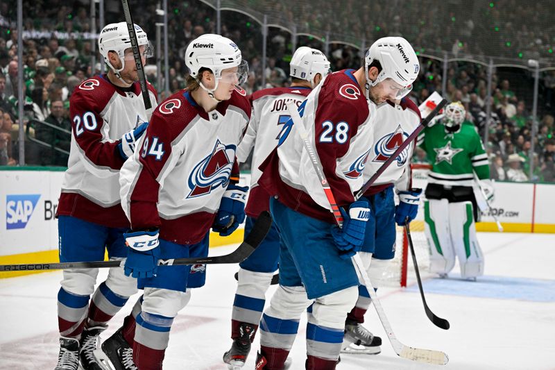 May 9, 2024; Dallas, Texas, USA; Colorado Avalanche center Ross Colton (20) and left wing Joel Kiviranta (94) and left wing Miles Wood (28) skate off the ice after Kiviranta scores a goal against Dallas Stars goaltender Jake Oettinger (29) during the third period in game two of the second round of the 2024 Stanley Cup Playoffs at American Airlines Center. Mandatory Credit: Jerome Miron-USA TODAY Sports