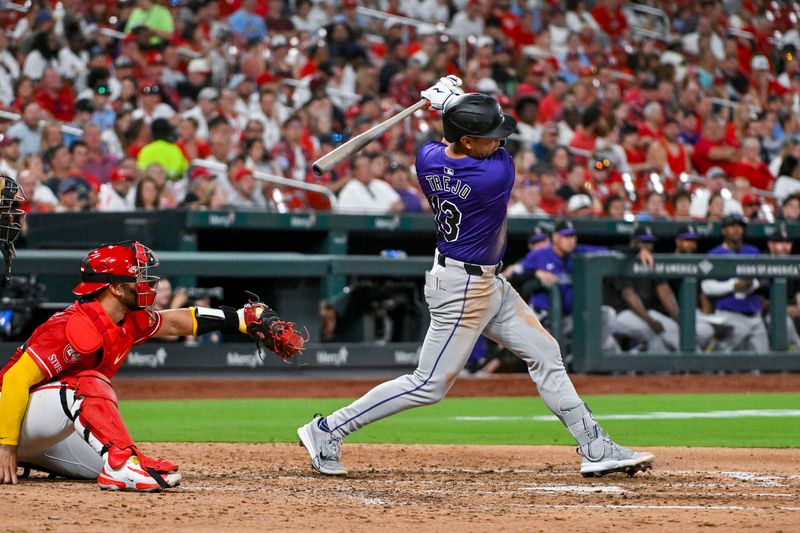 Jun 7, 2024; St. Louis, Missouri, USA; Colorado Rockies second baseman Alan Trejo (13) hits a one run single against the St. Louis Cardinals during the fifth inning at Busch Stadium. Mandatory Credit: Jeff Curry-USA TODAY Sports