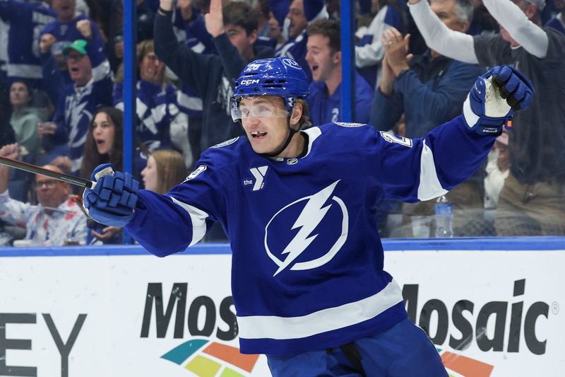Dec 22, 2025; Tampa, Florida, USA; Tampa Bay Lightning right wing Pontus Holmberg (29) reacts after scoring a goal against the St. Louis Blues in the first period at Benchmark International Arena. Mandatory Credit: Nathan Ray Seebeck-Imagn Images