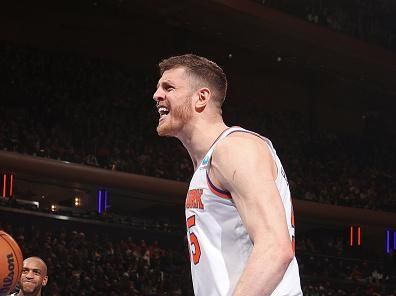 NEW YORK, NY - DECEMBER 25: Isaiah Hartenstein #55 of the New York Knicks celebrates during the game against the Milwaukee Bucks on December 25, 2023 at Madison Square Garden in New York City, New York.  NOTE TO USER: User expressly acknowledges and agrees that, by downloading and or using this photograph, User is consenting to the terms and conditions of the Getty Images License Agreement. Mandatory Copyright Notice: Copyright 2023 NBAE  (Photo by Nathaniel S. Butler/NBAE via Getty Images)