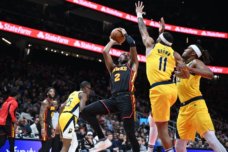 ATLANTA, GA - JANUARY 12: Trent Forrest #2 of the Atlanta Hawks shoots the ball during the game against the Indiana Pacers on January 12, 2024 at State Farm Arena in Atlanta, Georgia.  NOTE TO USER: User expressly acknowledges and agrees that, by downloading and/or using this Photograph, user is consenting to the terms and conditions of the Getty Images License Agreement. Mandatory Copyright Notice: Copyright 2024 NBAE (Photo by Adam Hagy/NBAE via Getty Images)