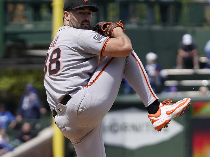 May 7, 2025; Chicago, Illinois, USA; San Francisco Giants pitcher Robbie Ray (38) throws the ball against the San Francisco Giants during the first inning at Wrigley Field. Mandatory Credit: David Banks-Imagn Images