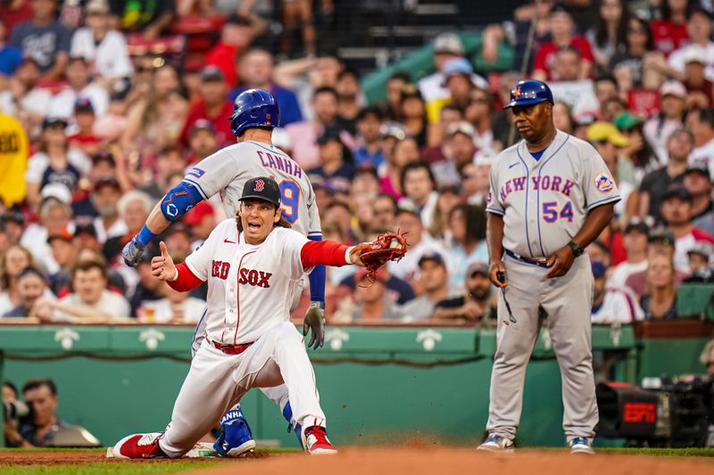 Jul 23, 2023; Boston, Massachusetts, USA; Boston Red Sox first baseman Triston Casas (36) makes the play against New York Mets left fielder Mark Canha (19) in the third inning at Fenway Park. Mandatory Credit: David Butler II-USA TODAY Sports