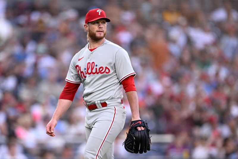 Sep 4, 2023; San Diego, California, USA; Philadelphia Phillies relief pitcher Craig Kimbrel (31) looks on during the eighth inning against the San Diego Padres at Petco Park. Mandatory Credit: Orlando Ramirez-USA TODAY Sports