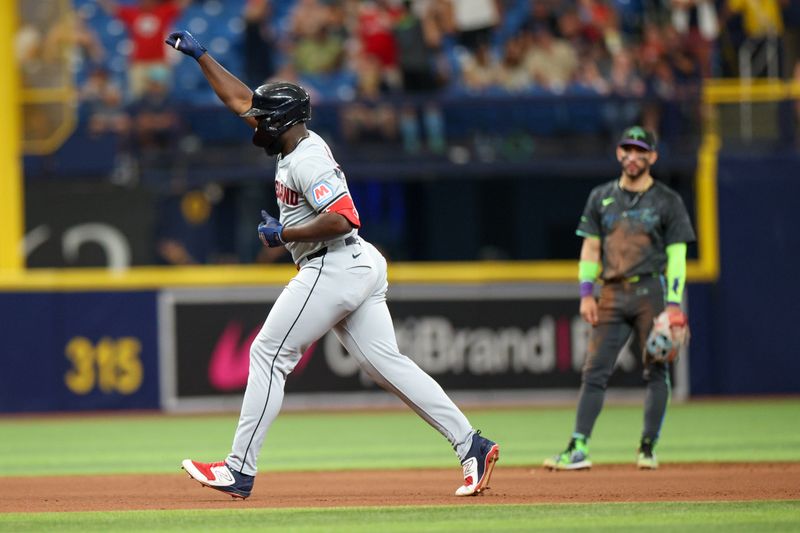 Jul 13, 2024; St. Petersburg, Florida, USA; Cleveland Guardians outfielder Jhonkensy Noel (43) runs the bases after hitting a two run home run against the Tampa Bay Rays in the eighth inning  at Tropicana Field. Mandatory Credit: Nathan Ray Seebeck-USA TODAY Sports