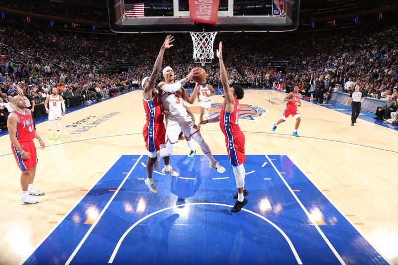 NEW YORK, NY - APRIL 20:  Josh Hart #3 of the New York Knicks goes to the basket during the game against the Philadelphia 76ers during Round 1 Game 1 of the 2024 NBA Playoffs on April 20, 2024 at Madison Square Garden in New York City, New York.  NOTE TO USER: User expressly acknowledges and agrees that, by downloading and or using this photograph, User is consenting to the terms and conditions of the Getty Images License Agreement. Mandatory Copyright Notice: Copyright 2024 NBAE  (Photo by Nathaniel S. Butler/NBAE via Getty Images)