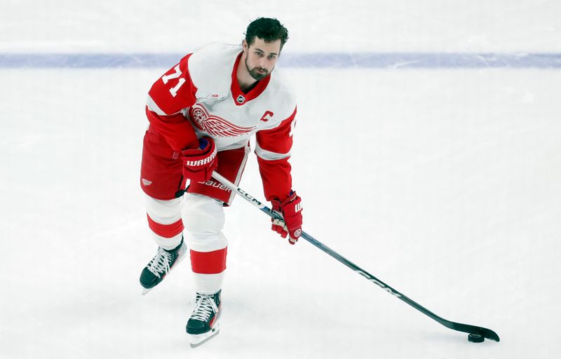 Apr 11, 2024; Pittsburgh, Pennsylvania, USA; Detroit Red Wings center Dylan Larkin (71) warms up before the game against the Pittsburgh Penguins at PPG Paints Arena. Mandatory Credit: Charles LeClaire-USA TODAY Sports