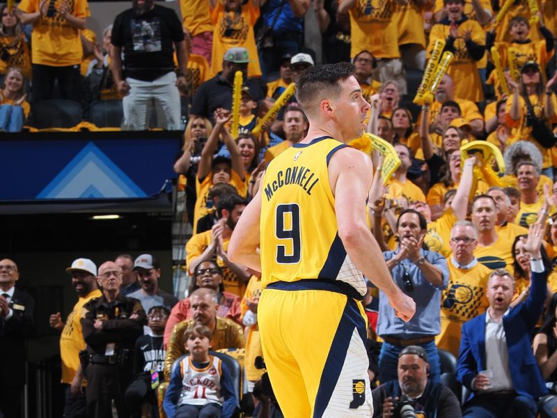 INDIANAPOLIS, IN - MAY 25: T.J. McConnell #9 of the Indiana Pacers looks on during the game against the Boston Celtics during Game 3 of the Eastern Conference Finals on May 25, 2024 at Gainbridge Fieldhouse in Indianapolis, Indiana. NOTE TO USER: User expressly acknowledges and agrees that, by downloading and or using this Photograph, user is consenting to the terms and conditions of the Getty Images License Agreement. Mandatory Copyright Notice: Copyright 2024 NBAE (Photo by Ron Hoskins/NBAE via Getty Images)