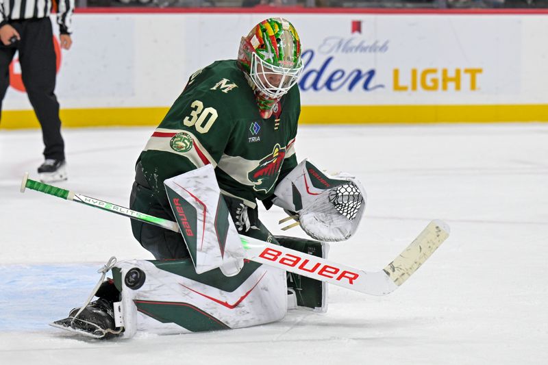 Nov 15, 2025; Saint Paul, Minnesota, USA;  Minnesota Wild goalie Jesper Wallstedt (30) makes a save against the Anaheim Ducks during the third period at Grand Casino Arena. Mandatory Credit: Nick Wosika-Imagn Images
