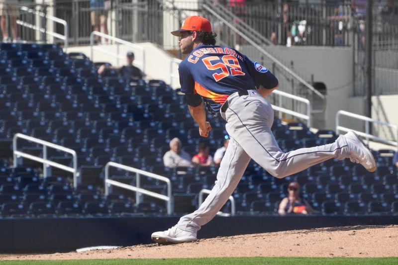 Feb 21, 2026; West Palm Beach, Florida, USA;  Tom Cosgrove (59) of the Houston Astros pitches against the Washington Nationals in the fourth inning at CACTI Park of the Palm Beaches. Mandatory Credit: Jim Rassol-Imagn Images
