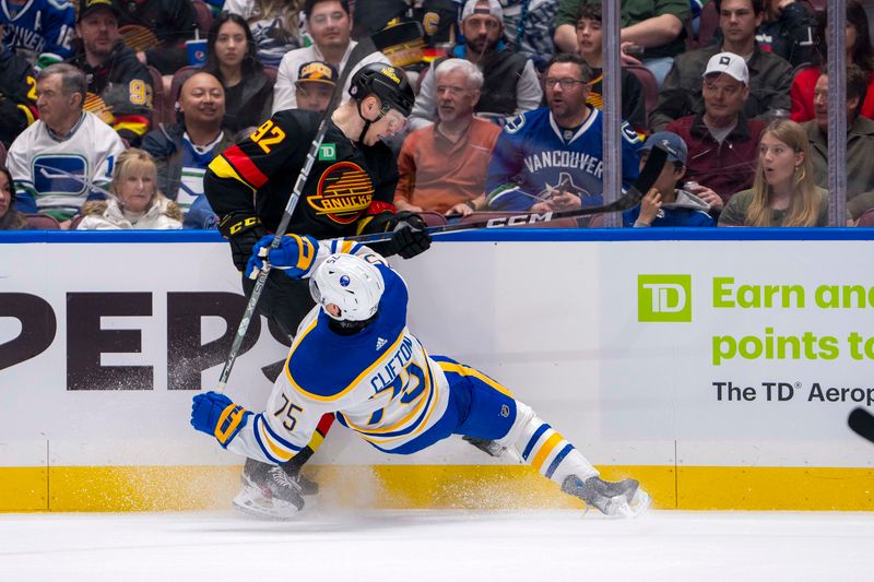 Mar 19, 2024; Vancouver, British Columbia, CAN; Vancouver Canucks forward Vasily Podkolzin (92) checks Buffalo Sabres defenseman Connor Clifton (75) in the first period at Rogers Arena. Mandatory Credit: Bob Frid-USA TODAY Sports