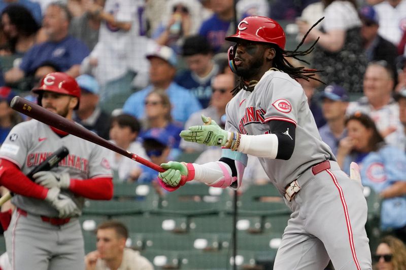 May 30, 2025; Chicago, Illinois, USA;Cincinnati Reds shortstop Elly De La Cruz (44) hits a double against the Chicago Cubs during the first inning at Wrigley Field. Mandatory Credit: David Banks-Imagn Images
