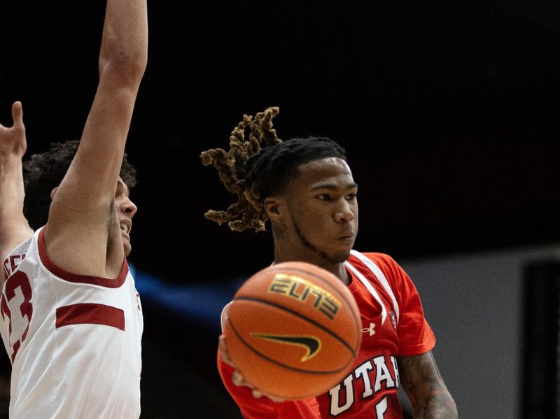 Jan 14, 2024; Stanford, California, USA; Utah Utes guard Deivon Smith (5) passes against Stanford Cardinal forward Brandon Angel (23) during the first half at Maples Pavilion. Mandatory Credit: D. Ross Cameron-USA TODAY Sports