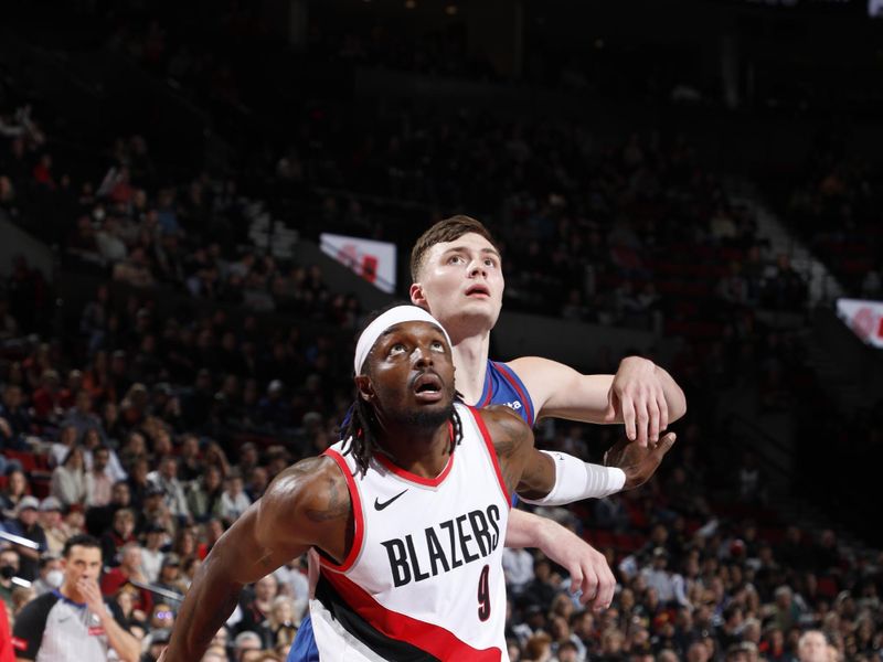 PORTLAND, OR - FEBRUARY 23: Jerami Grant #9 of the Portland Trail Blazers rebounds the ball during the game against the Denver Nuggets on February 23, 2024 at the Moda Center Arena in Portland, Oregon. NOTE TO USER: User expressly acknowledges and agrees that, by downloading and or using this photograph, user is consenting to the terms and conditions of the Getty Images License Agreement. Mandatory Copyright Notice: Copyright 2024 NBAE (Photo by Cameron Browne/NBAE via Getty Images)