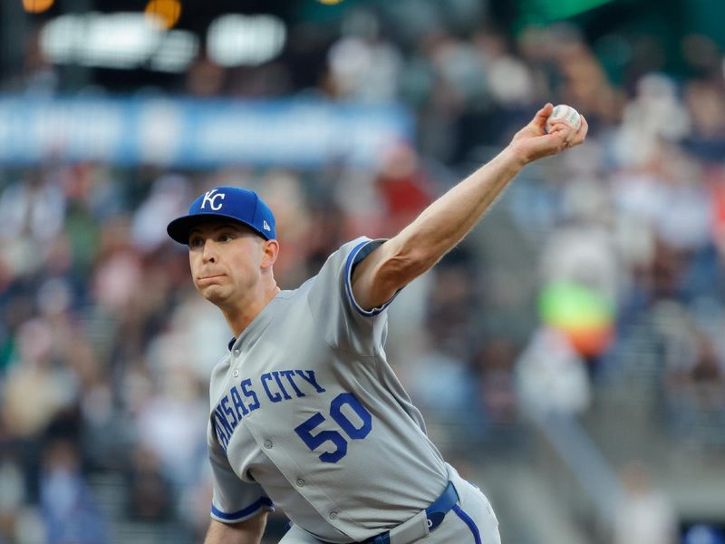 May 19, 2025; San Francisco, California, USA; Kansas City Royals pitcher Kris Bubic (50) throws a pitch during the first inning against the San Francisco Giants at Oracle Park. Mandatory Credit: Sergio Estrada-Imagn Images