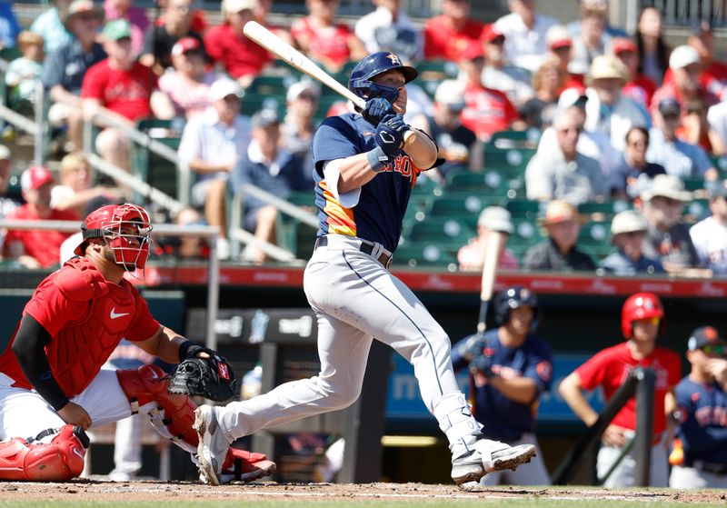 Mar 2, 2023; Jupiter, Florida, USA; Houston Astros third baseman Will Wagner (90) follows through on his ground rule double in the second inning against the St. Louis Cardinals at Roger Dean Stadium. Mandatory Credit: Rhona Wise-USA TODAY Sports