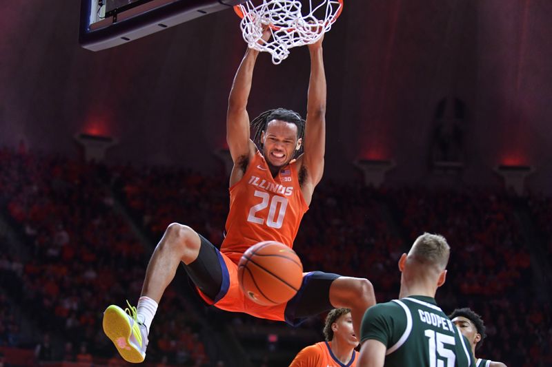 Jan 11, 2024; Champaign, Illinois, USA;  Illinois Fighting Illini forward Ty Rodgers (20) dunks the ball during the first half against the Michigan State Spartans at State Farm Center. Mandatory Credit: Ron Johnson-USA TODAY Sports