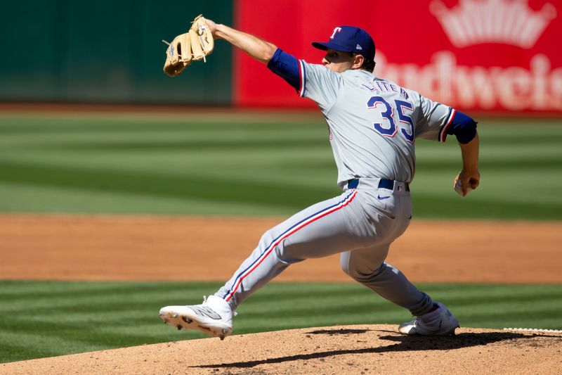 May 8, 2024; Oakland, California, USA; Texas Rangers starting pitcher Jack Leiter (35) delivers a pitch against the Oakland Athletics during the first inning at Oakland-Alameda County Coliseum. Mandatory Credit: D. Ross Cameron-USA TODAY Sports