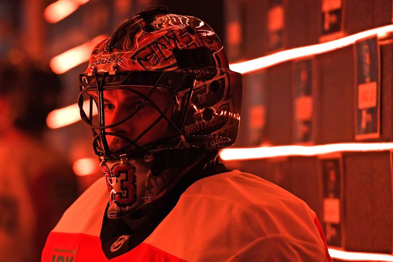 Nov 11, 2024; Philadelphia, Pennsylvania, USA; Philadelphia Flyers goaltender Samuel Ersson (33) wait to warm up against the San Jose Sharks at Wells Fargo Center. Mandatory Credit: Eric Hartline-Imagn Images