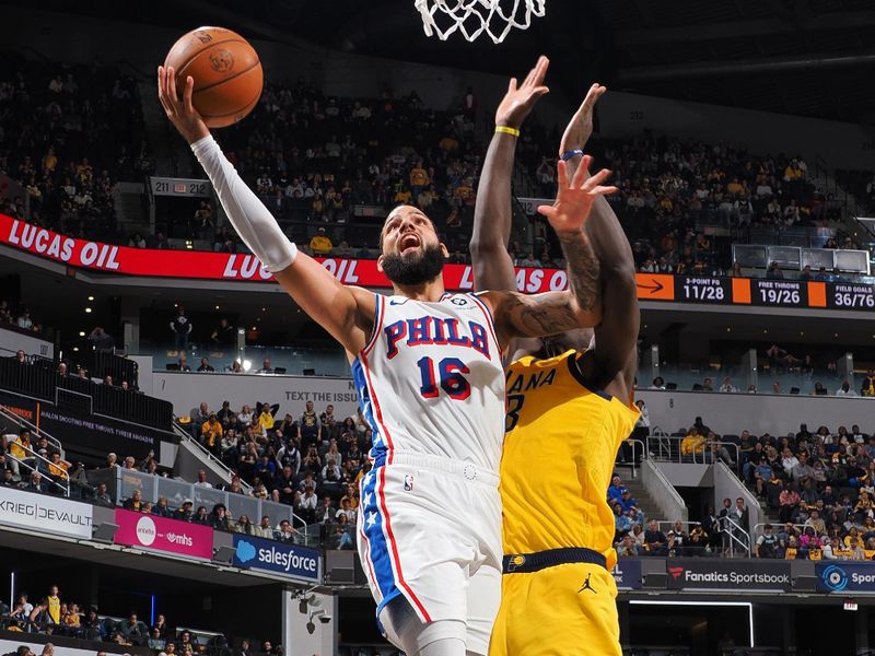 INDIANAPOLIS, IN - OCTOBER 27: Caleb Martin #16 of the Philadelphia 76ers drives to the basket during the game against the Indiana Pacers on October 27, 2024 at Gainbridge Fieldhouse in Indianapolis, Indiana. NOTE TO USER: User expressly acknowledges and agrees that, by downloading and or using this Photograph, user is consenting to the terms and conditions of the Getty Images License Agreement. Mandatory Copyright Notice: Copyright 2024 NBAE (Photo by Ron Hoskins/NBAE via Getty Images)