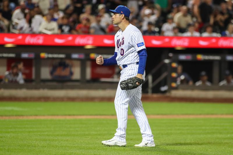 Aug 13, 2023; New York City, New York, USA; New York Mets relief pitcher Adam Ottavino (0) reacts after recording the last out against the Atlanta Braves in a 7-6 victory at Citi Field. Mandatory Credit: Wendell Cruz-USA TODAY Sports