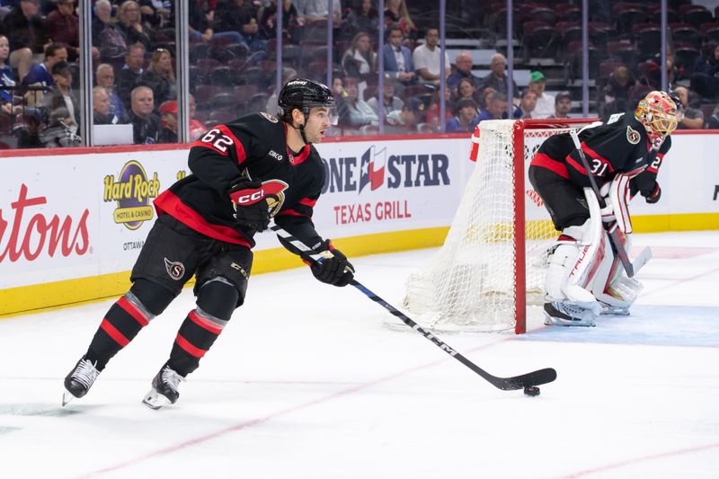 Sep 24, 2024; Ottawa, Ontario, CAN;Ottawa Senators defenseman Jeremy Davies (62) skates with the puck in the second period against the  Toronto Maple Leafs at the Canadian Tire Centre. Mandatory Credit: Marc DesRosiers-Imagn Images