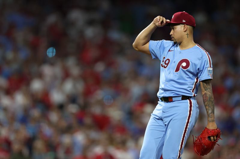 Sep 11, 2025; Philadelphia, Pennsylvania, USA; Philadelphia Phillies pitcher Jhoan Duran (59) during the ninth inning against the New York Mets at Citizens Bank Park. Mandatory Credit: Bill Streicher-Imagn Images