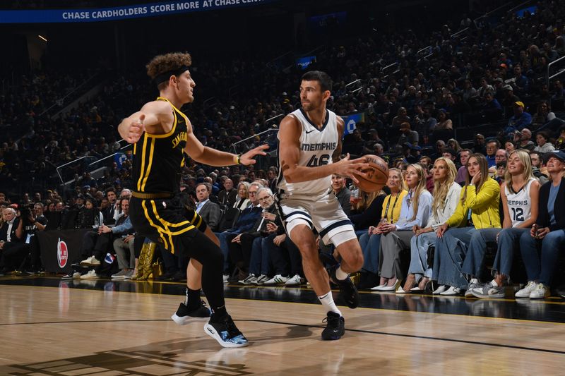 SAN FRANCISCO, CA - MARCH 20: John Konchar #46 of the Memphis Grizzlies dribbles the ball during the game against the Golden State Warriors on March 20, 2024 at Chase Center in San Francisco, California. NOTE TO USER: User expressly acknowledges and agrees that, by downloading and or using this photograph, user is consenting to the terms and conditions of Getty Images License Agreement. Mandatory Copyright Notice: Copyright 2024 NBAE (Photo by Noah Graham/NBAE via Getty Images)