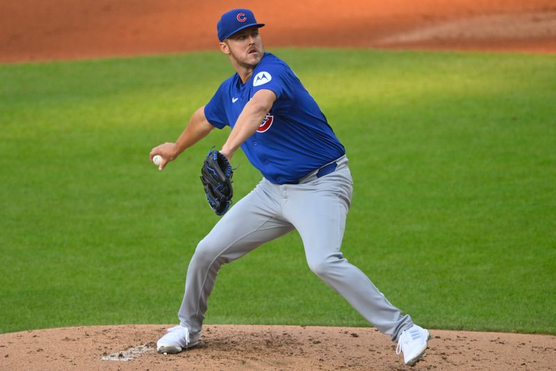 Aug 14, 2024; Cleveland, Ohio, USA; Chicago Cubs starting pitcher Jameson Taillon (50) delivers a pitch in the second inning against the Cleveland Guardians at Progressive Field. Mandatory Credit: David Richard-USA TODAY Sports