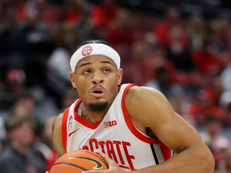 Jan 20, 2024; Columbus, Ohio, USA;  Ohio State Buckeyes guard Roddy Gayle Jr. (1) looks to score during the second half against the Penn State Nittany Lions at Value City Arena. Mandatory Credit: Joseph Maiorana-USA TODAY Sports