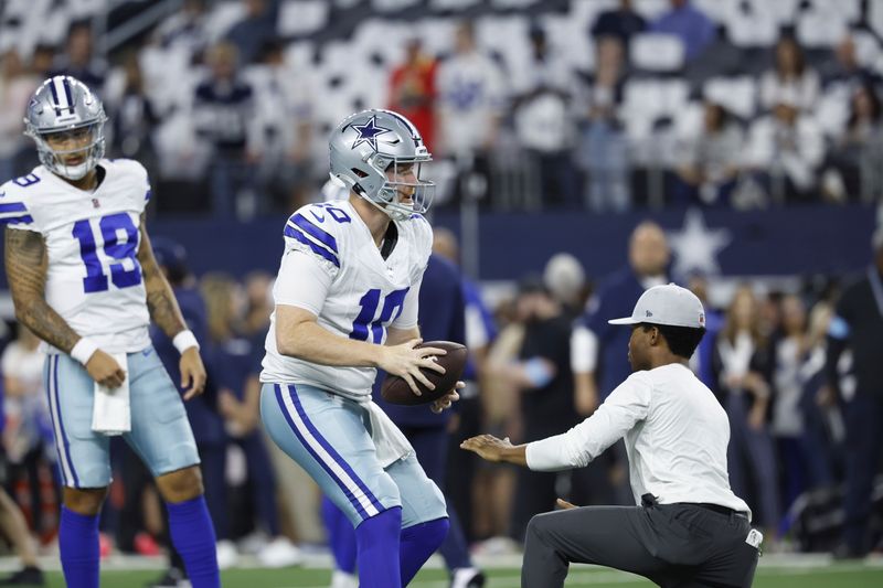 Dallas Cowboys quarterback Cooper Rush (10) during pregame warmups before an NFL football game against the Houston Texans on Monday, Nov. 18, 2024, in Arlington, Texas. (AP Photo/Matt Patterson)