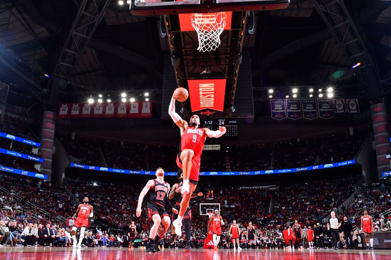 HOUSTON, TX - MARCH 21:   Dillon Brooks #9 of the Houston Rockets dunks the ball during the game aga9nt the Chicago Bulls on March 21, 2024 at the Toyota Center in Houston, Texas. NOTE TO USER: User expressly acknowledges and agrees that, by downloading and or using this photograph, User is consenting to the terms and conditions of the Getty Images License Agreement. Mandatory Copyright Notice: Copyright 2024 NBAE (Photo by Logan Riely/NBAE via Getty Images)